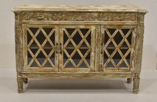 Imagen APARADOR 4 PUERTAS ART DECO FRONTAL TALLADO GRIS Y BLANCO DESGASTADO