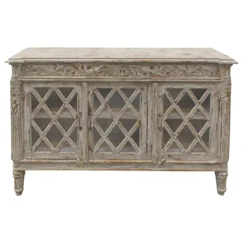 Imagen APARADOR 4 PUERTAS ART DECO FRONTAL TALLADO GRIS Y BLANCO DESGASTADO